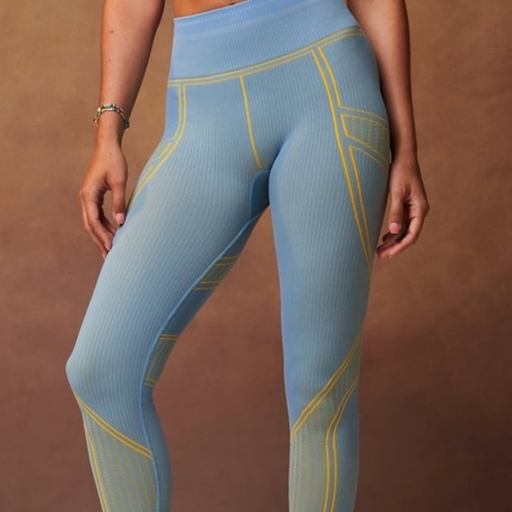 Fabletics Blue & Yellow Seamless Ribbed Workout Set Size S - Picture 2 of 9